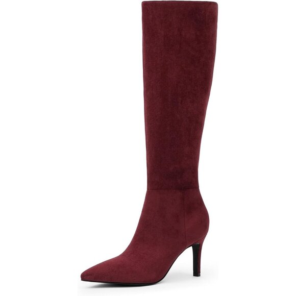 Women Burgundy Suede Faux Leather Pointed Toe Tall Stiletto Zipper Dress Boot - Picture 1 of 8